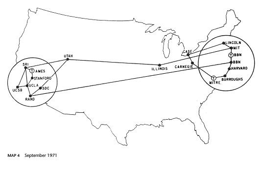 Geographic map of ARPANET, Sept. 1971 - cliquer pour voir une image plus large