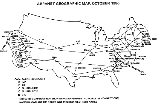 Geographic map of ARPANET, Oct. 1980 - cliquer pour voir une image plus large